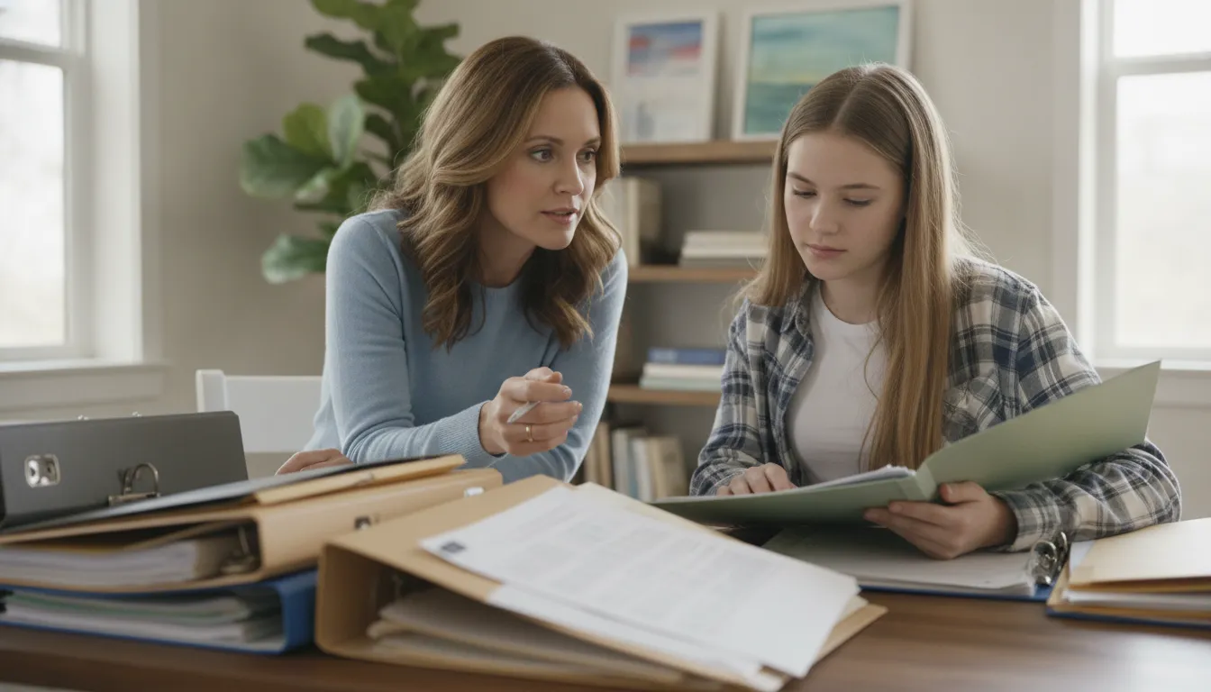 Parent and high school student reviewing online coursework together at home