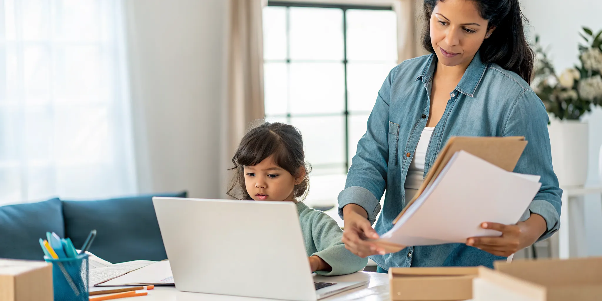 Parent organizing school transcripts and academic records before a military relocation