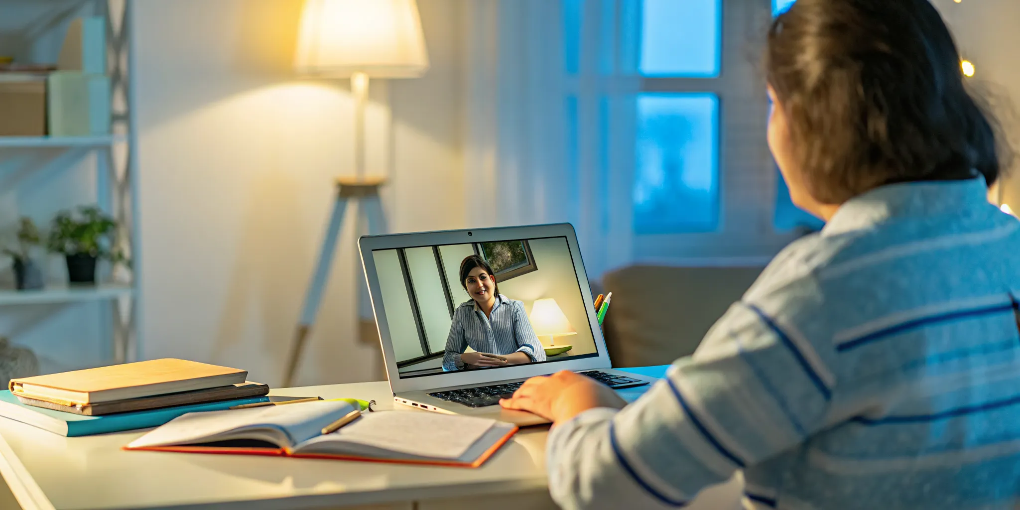 Student learning online with laptop at home desk in a bright study space