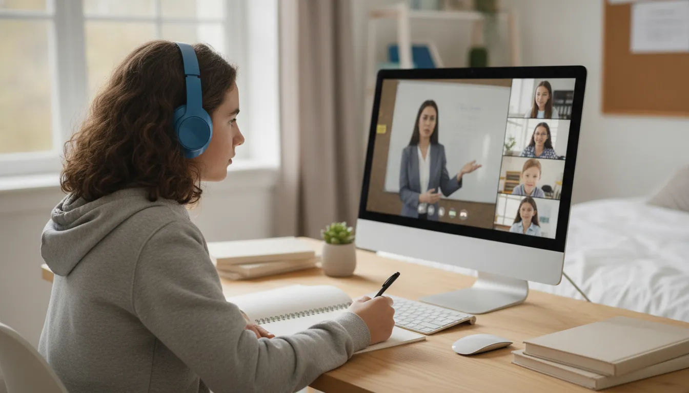 Student attending a live online high school class from home