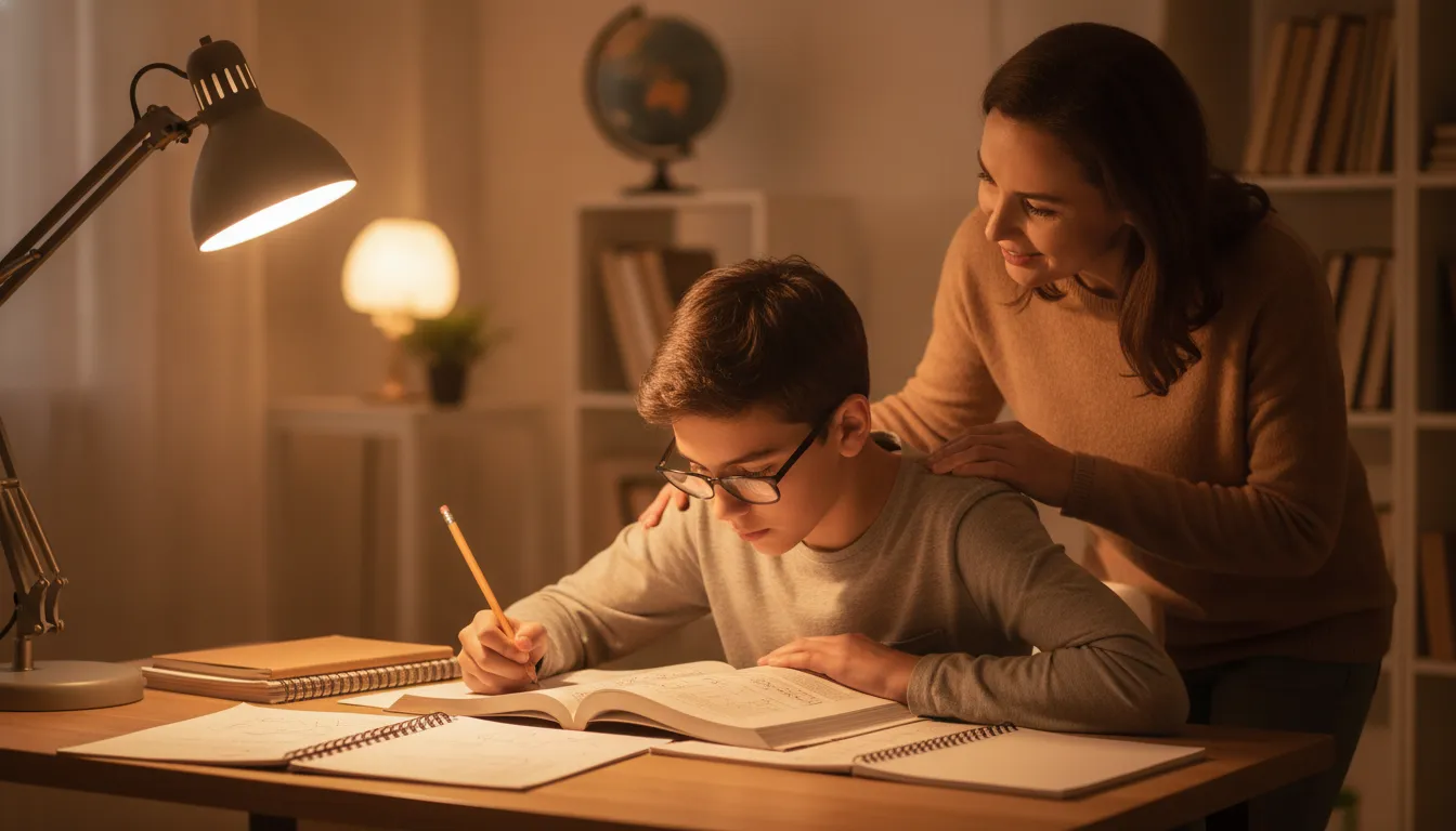 A high school student studying online at home in the evening