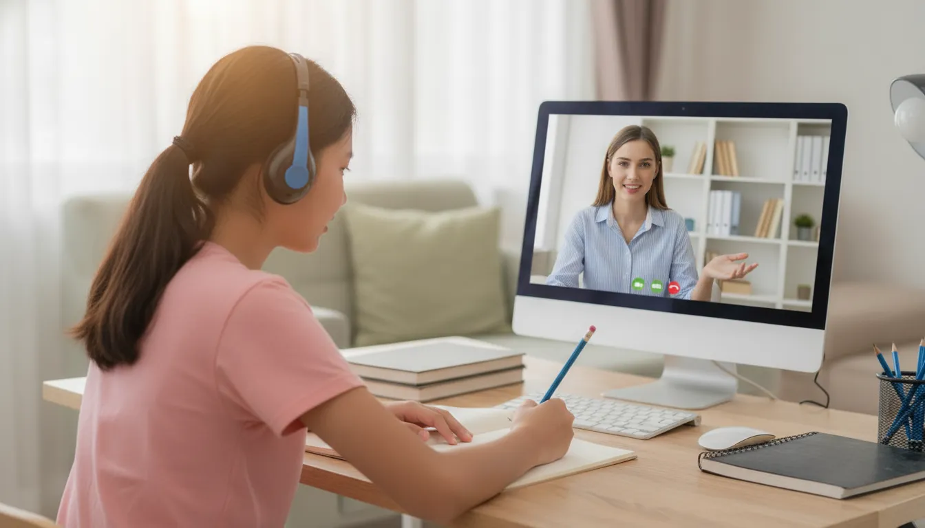 Teacher guiding a student through the best online high school for international students from abroad