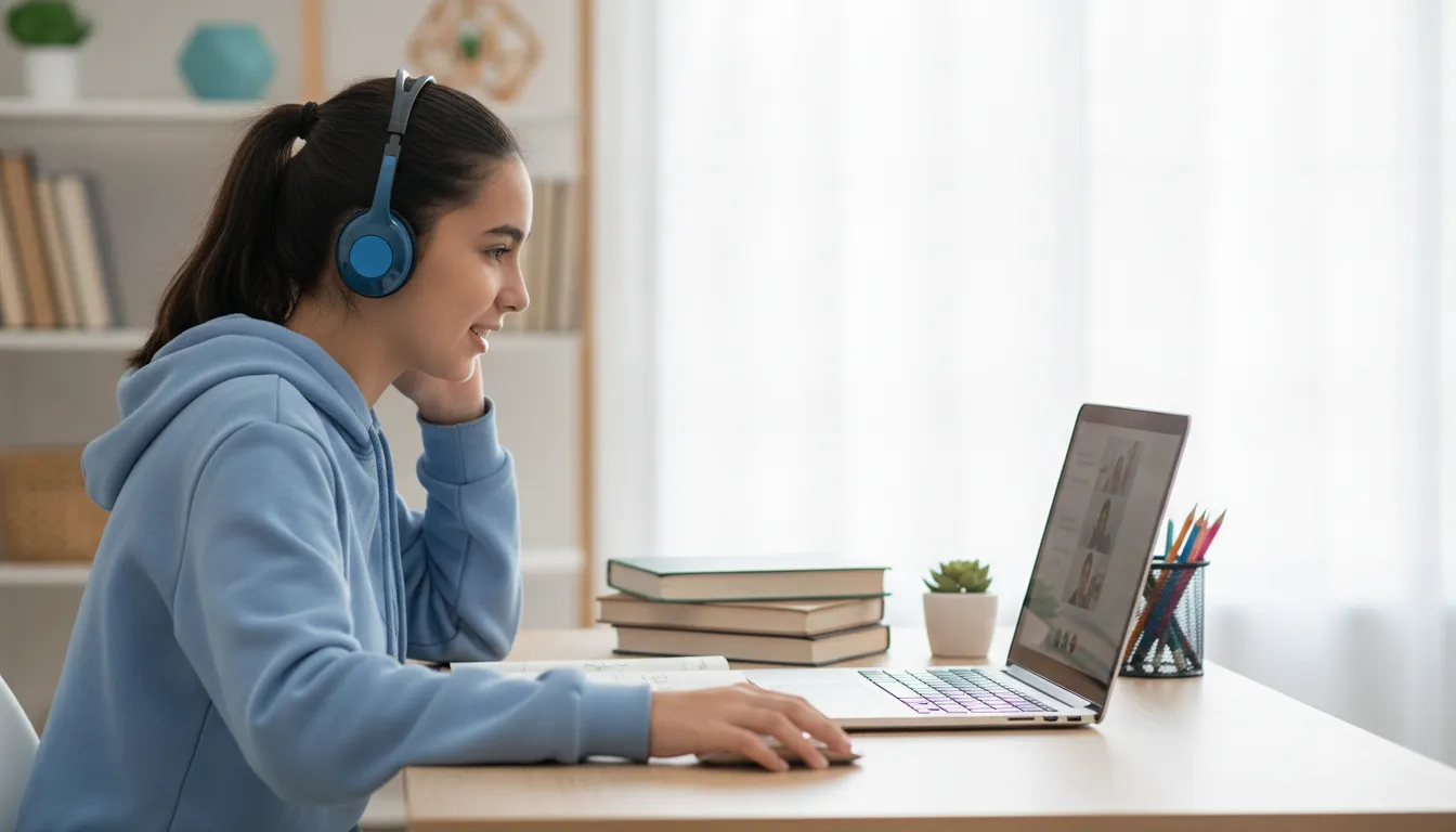 Student participating in a live online high school class