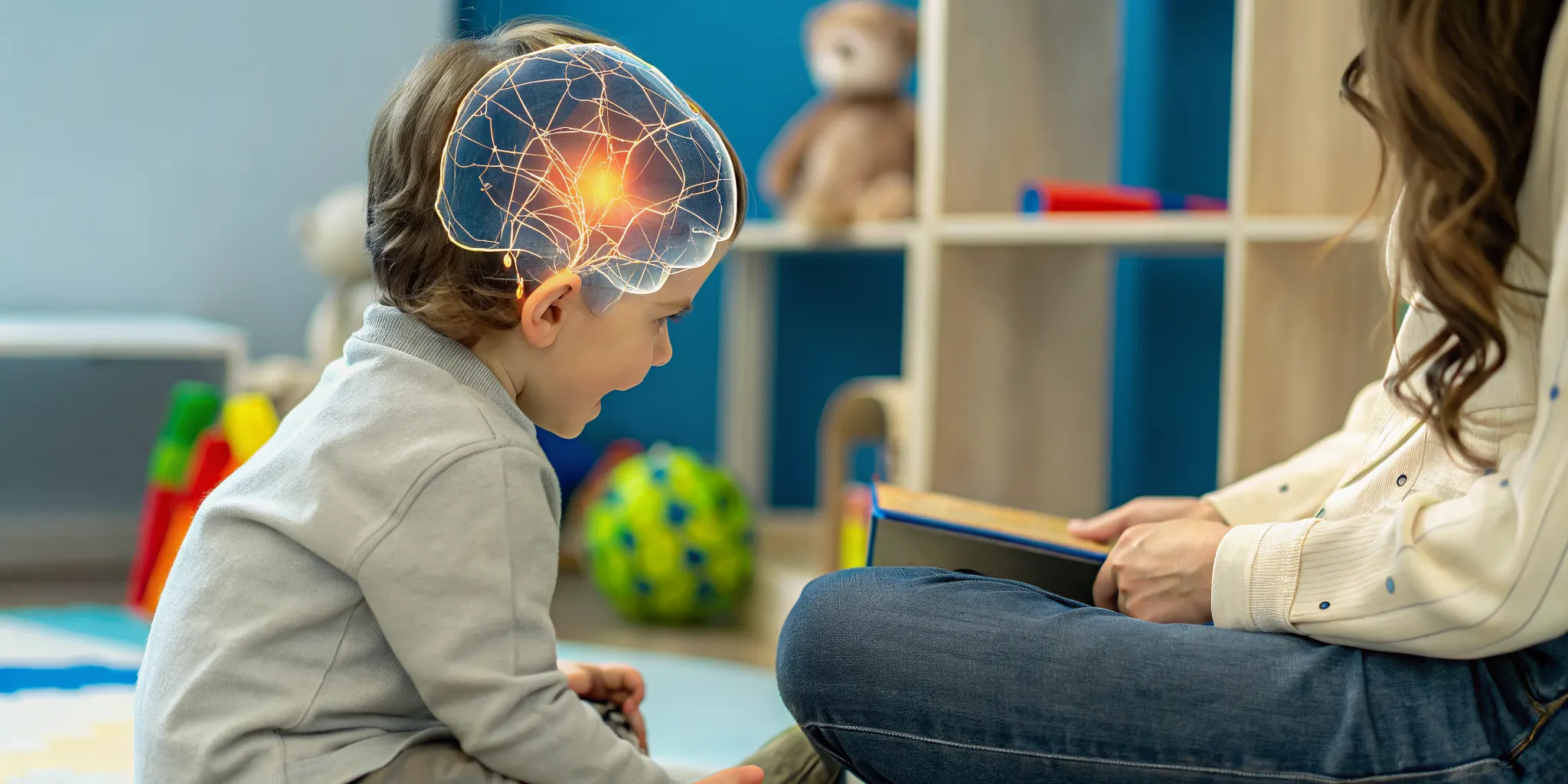 Conceptual illustration showing brain activity and cognitive development from bilingual language learning