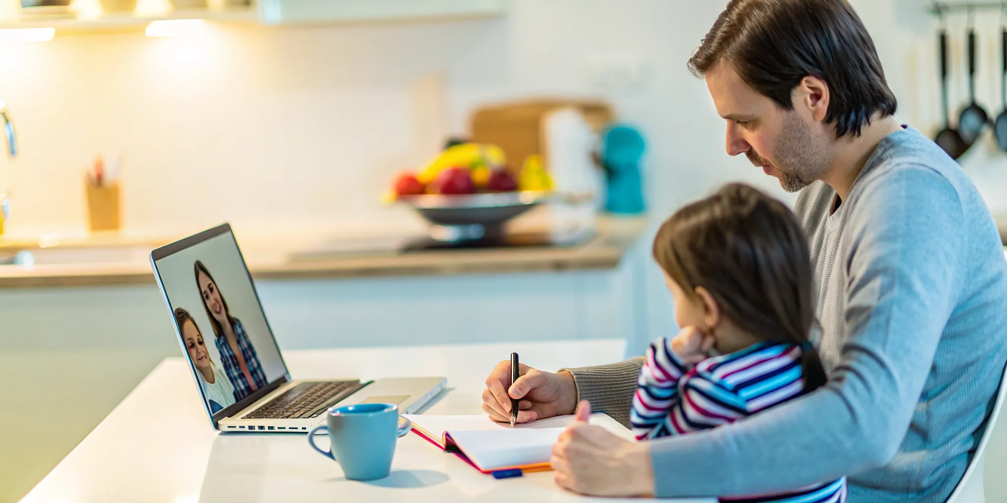 Parent reading and noting key points from online school review screens on a laptop at a kitchen table