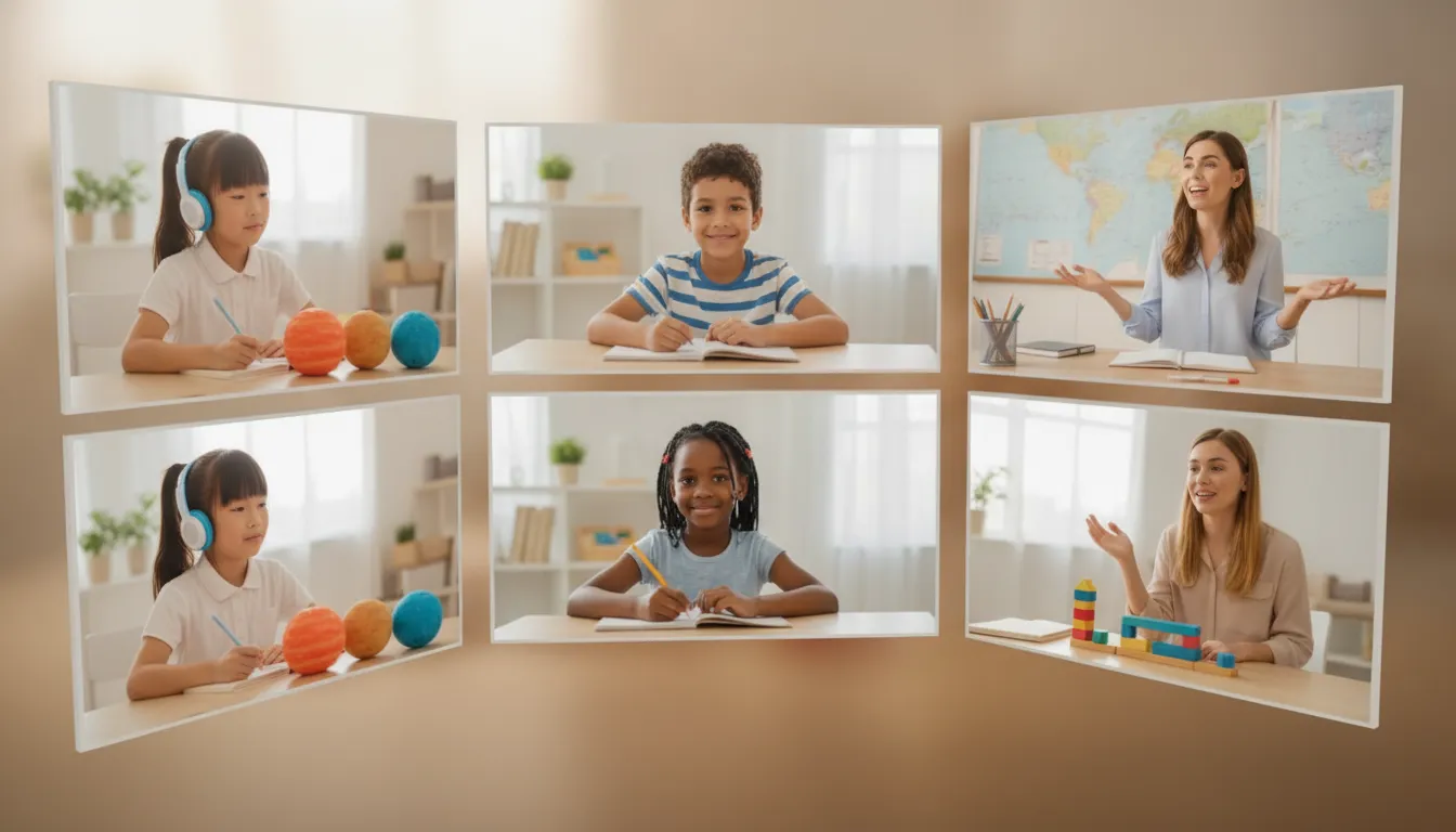 Students and teacher connecting in a live online class