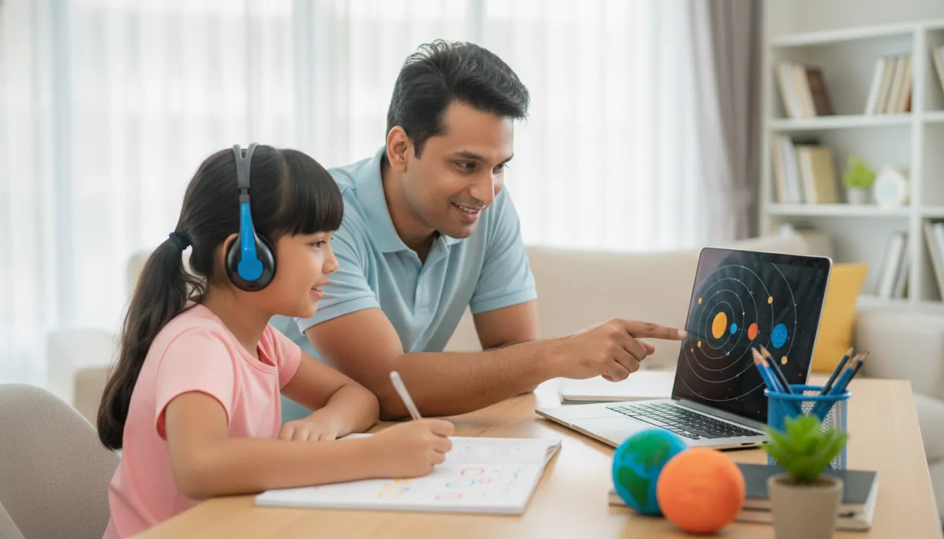 Padre acompañando a su estudiante durante sus estudios virtuales en casa