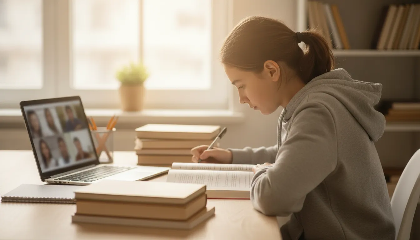 Student studying in a quiet home study space for online high school coursework