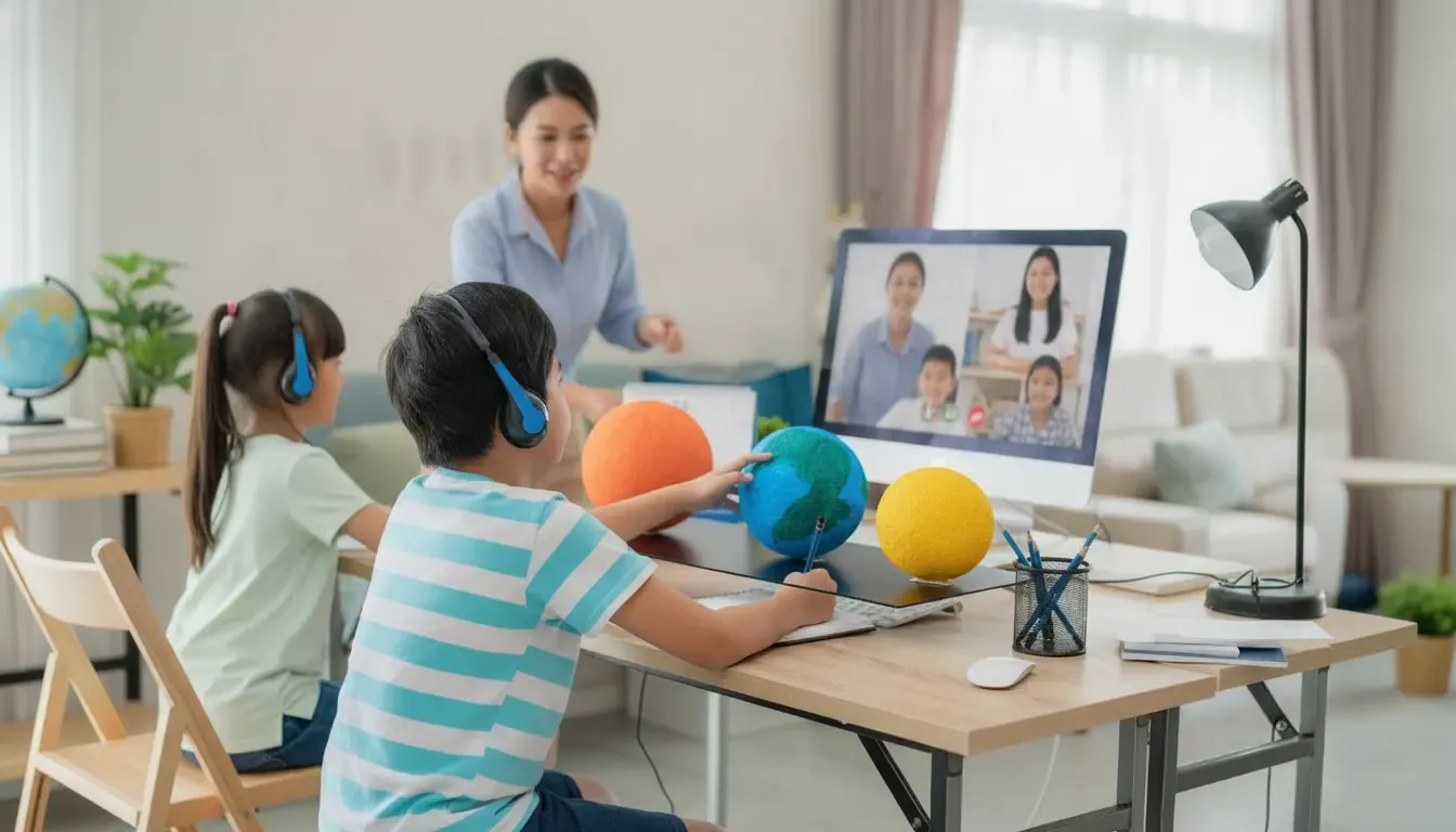 Bilingual students participating in a live online class with teacher support