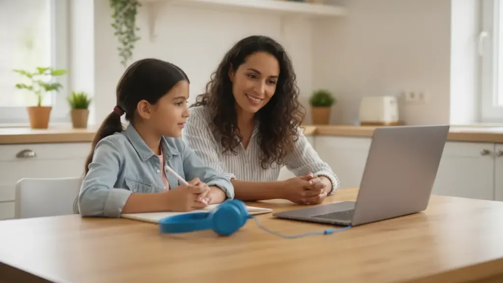 Parent and child planning a flexible online Spanish class routine at home