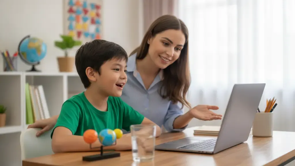 Bilingual teacher coaching a child during a live online Spanish class