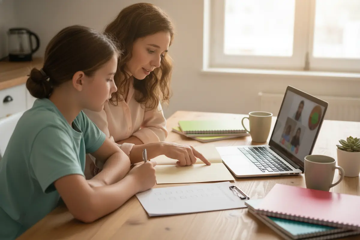Parent and student comparing online school information at a table