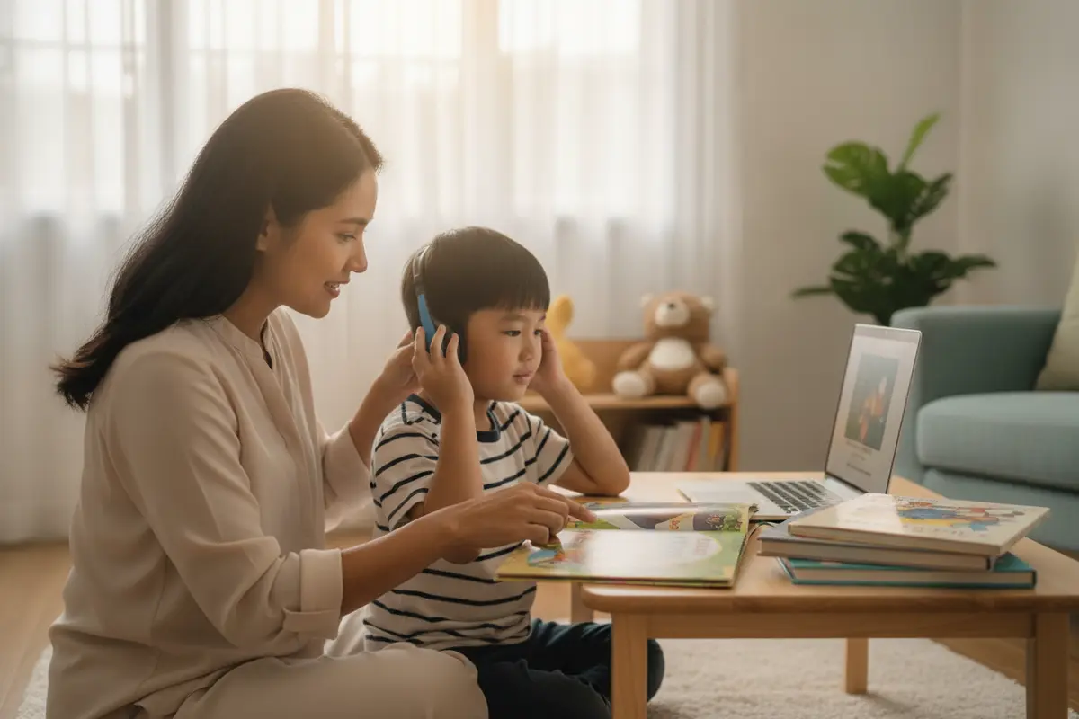 Parent helping a kindergarten student prepare for online learning