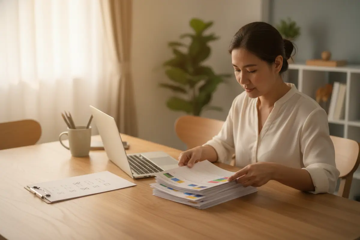 Parent organizing a student's school records and enrollment checklist at home