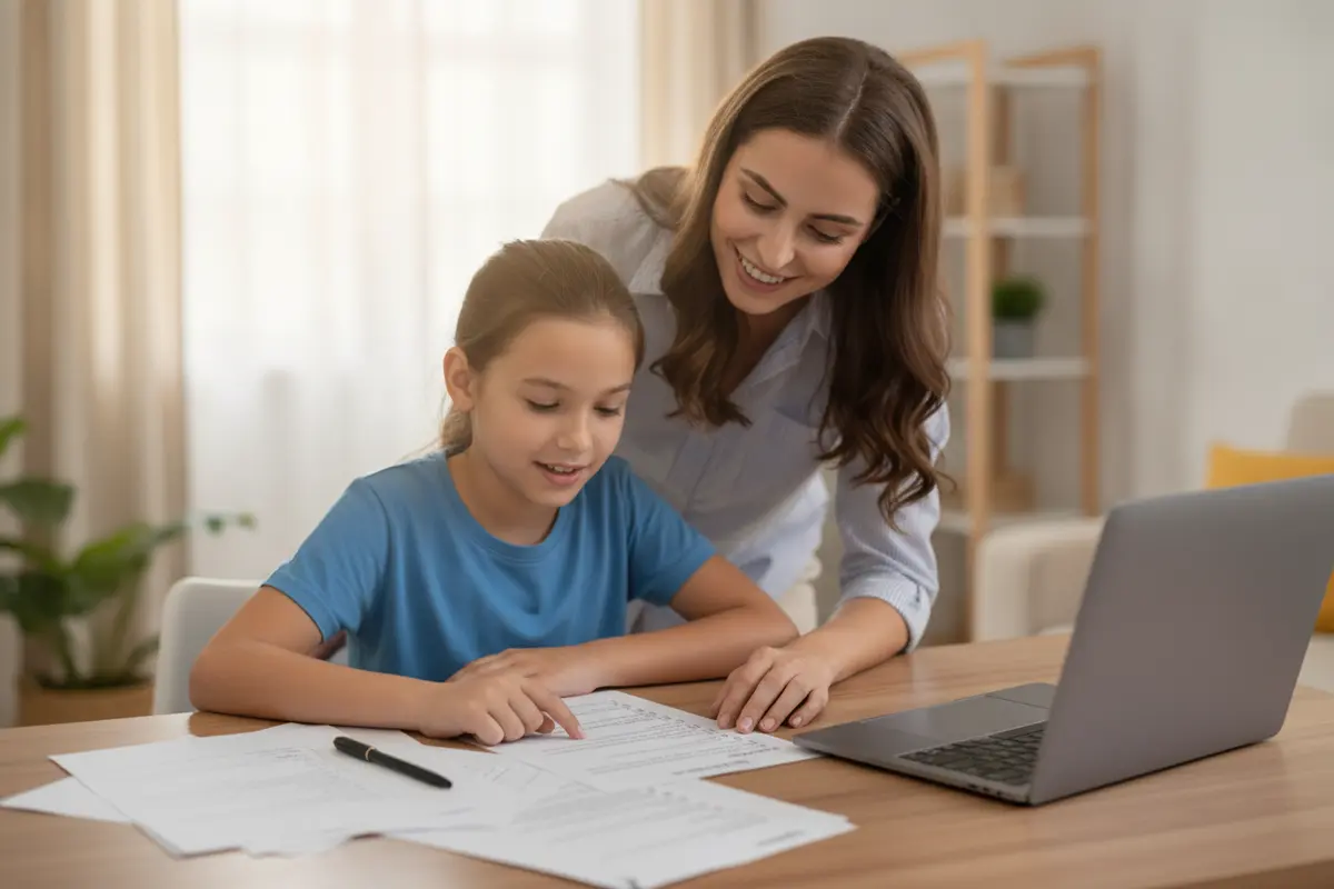 Parent reviewing online school questions and notes beside a student's laptop
