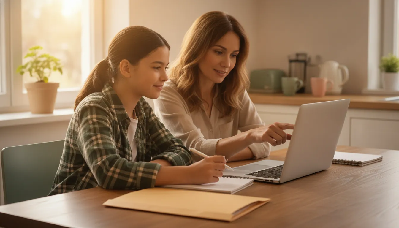 A parent and student prepare enrollment notes together before an online admissions call