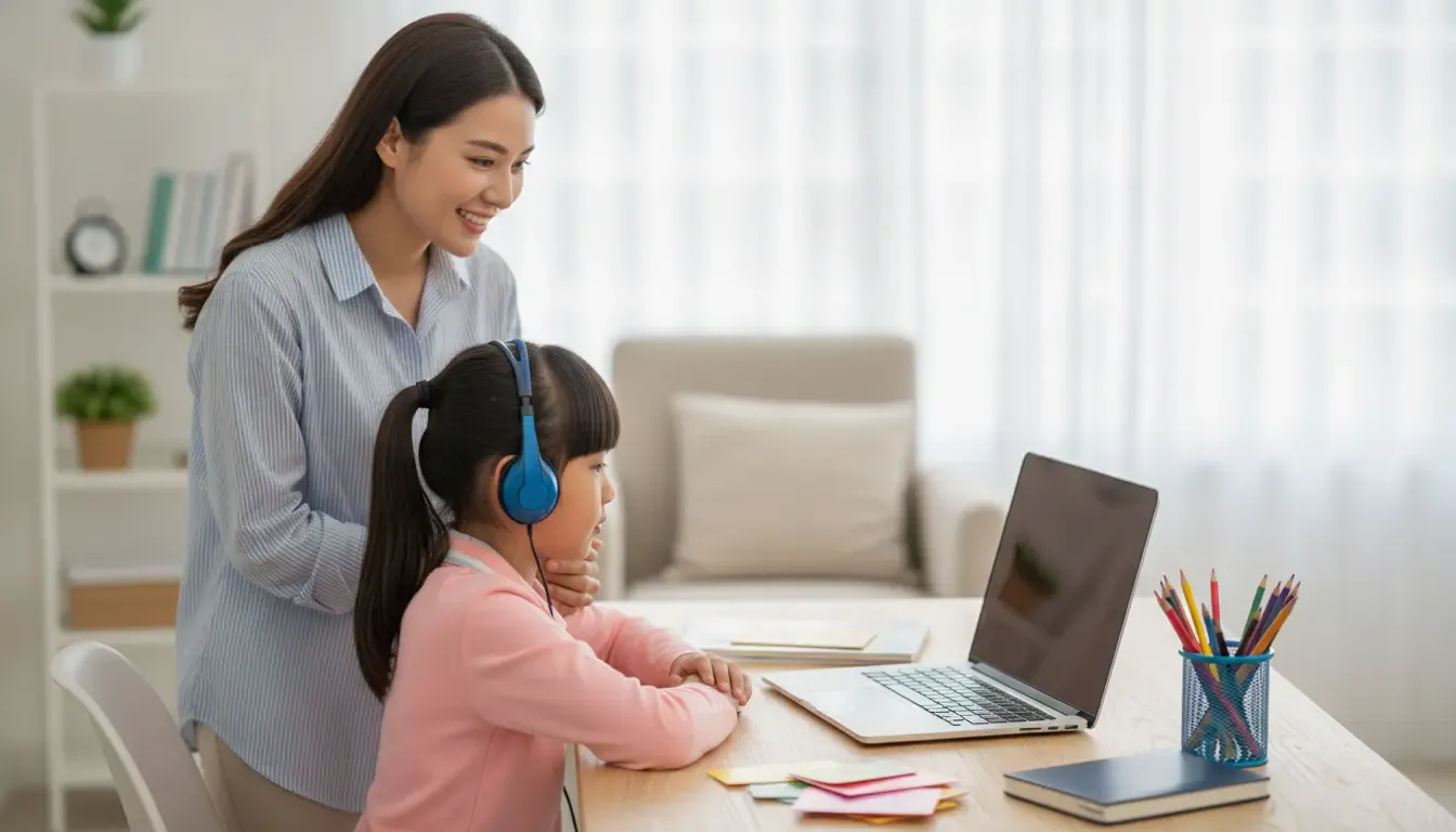 Student following a bilingual self paced online learning routine with parent support