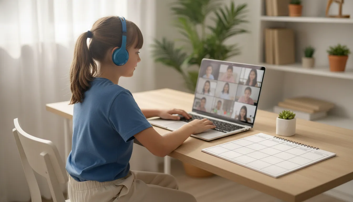 A student joins a live online class beside a weekly planner at a home desk