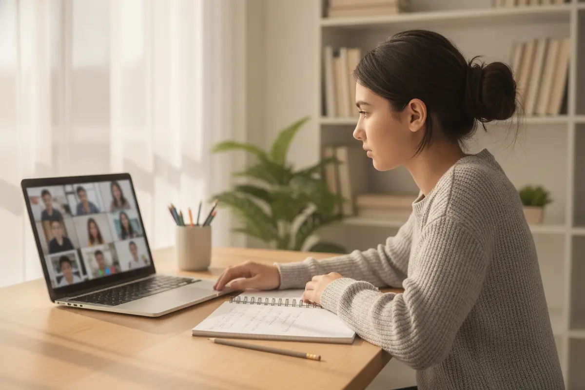 Student attending a live online high school class from home