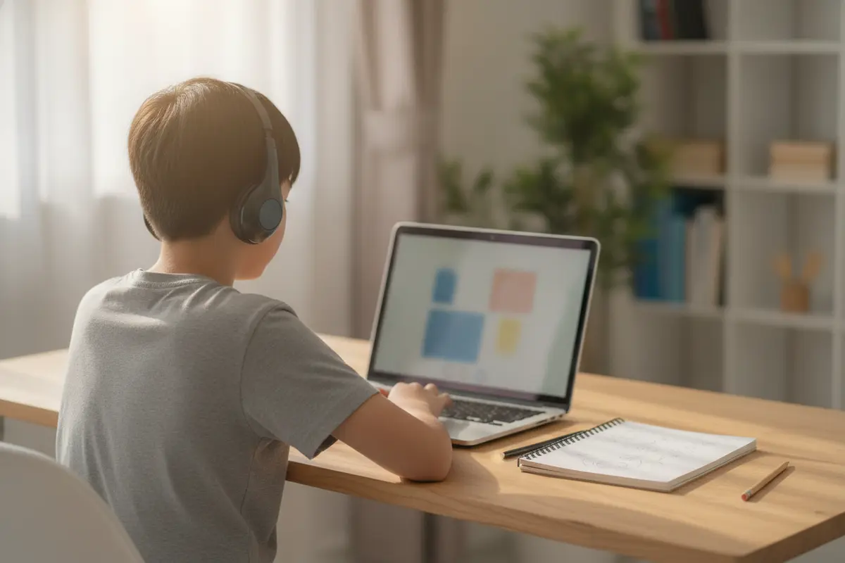 Student following a live online lesson from a home study space