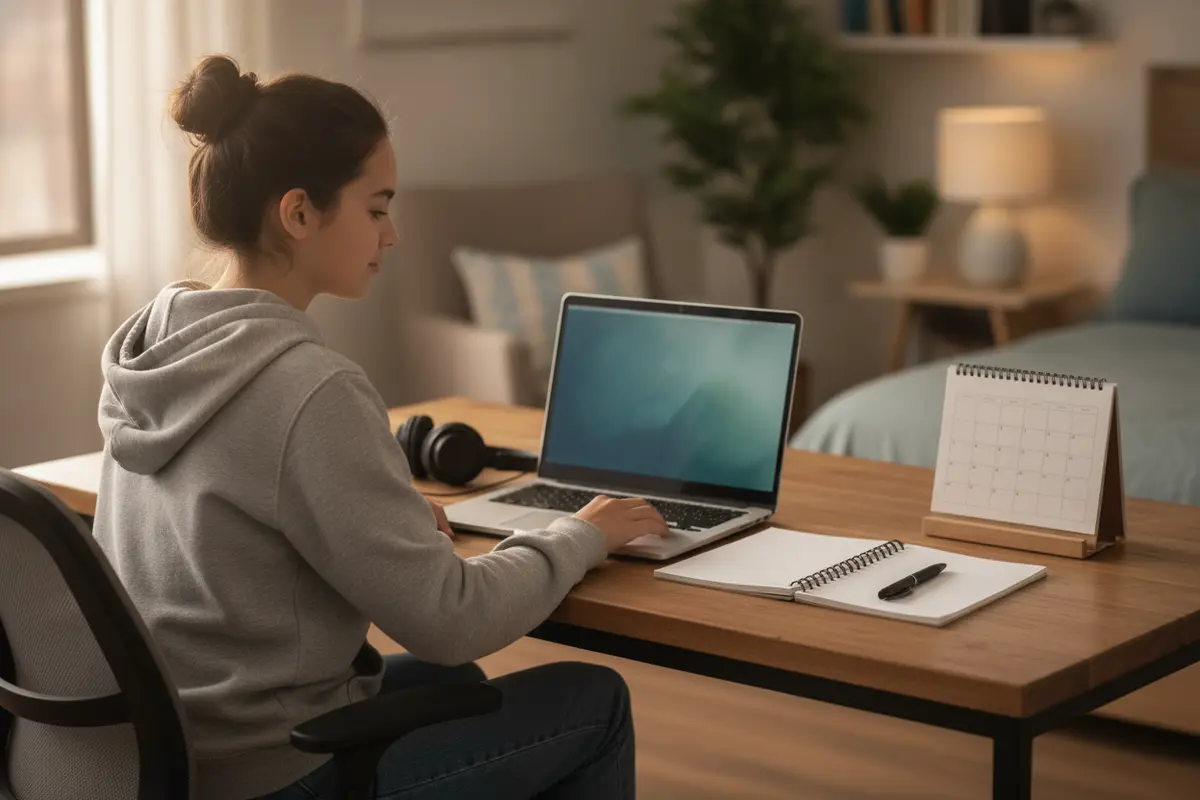 Student organizing a laptop, notebook, and weekly school schedule at home