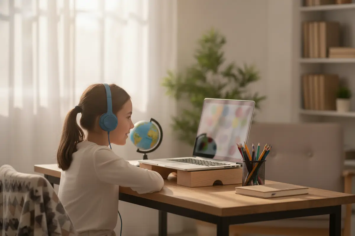 Student participating in a live online class from a quiet home study space