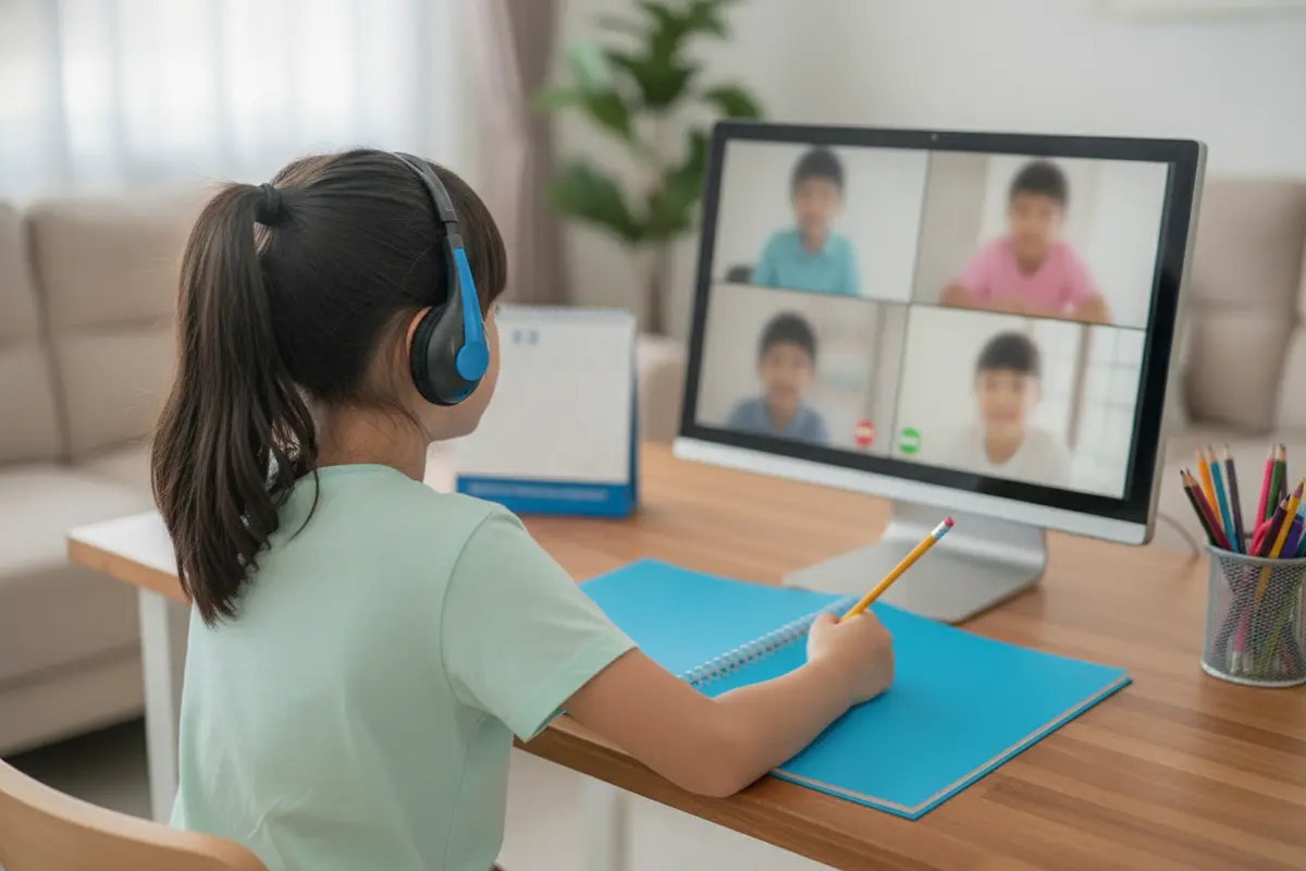 Student participating in a live online class from home