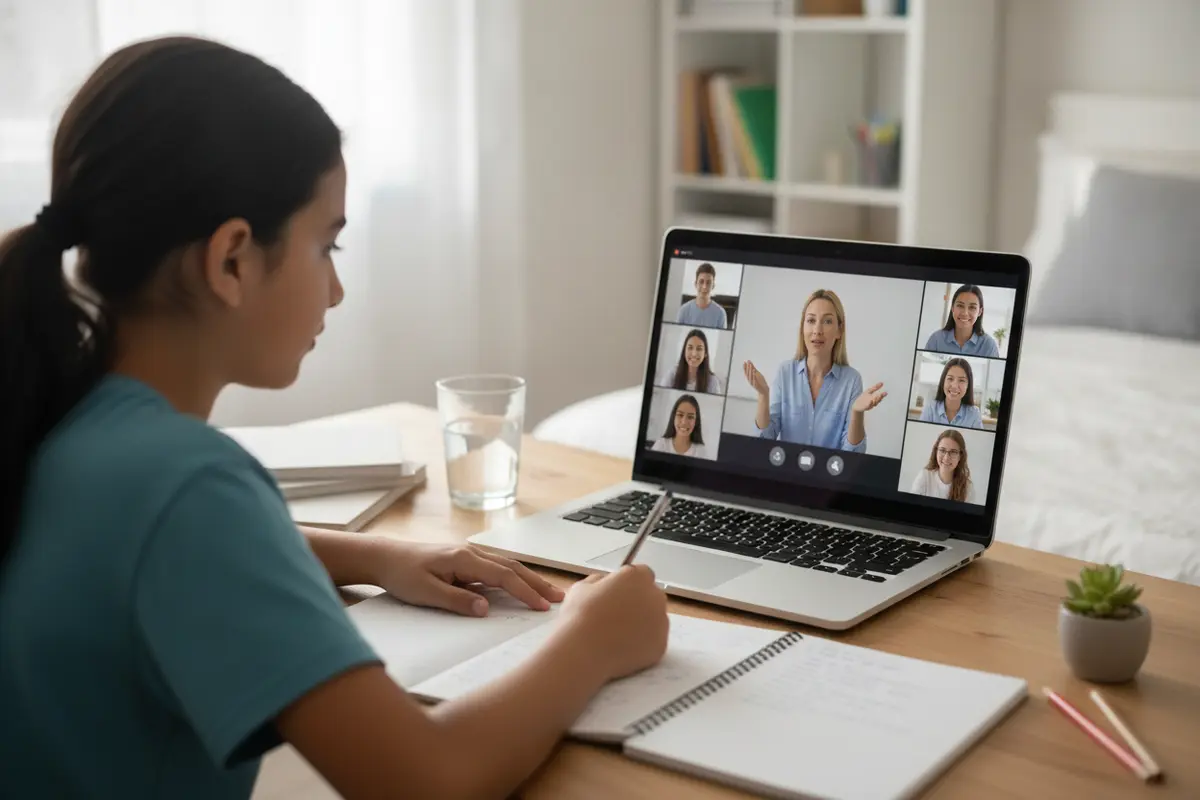 Student participating in a live online lesson from a home study area