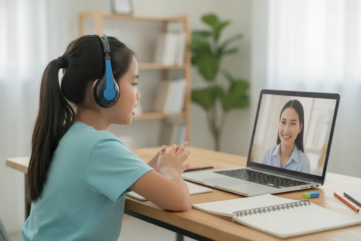 Student practicing two languages during a live online lesson