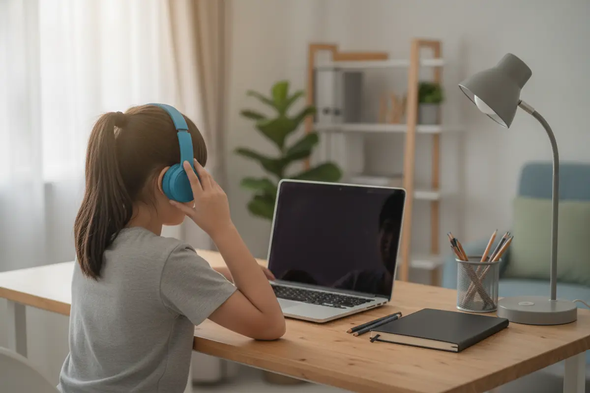 Student preparing a laptop and headphones for a live online class at a home desk