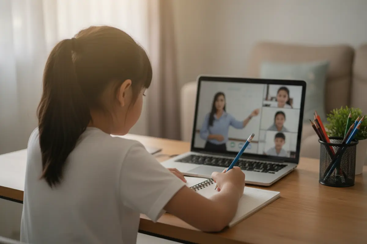 Student reviewing a high school transcript before an online enrollment meeting