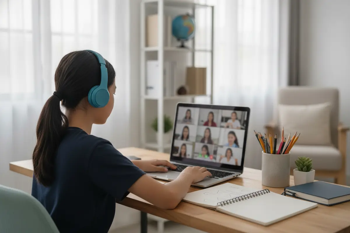 Student taking part in a live online class from a home study space