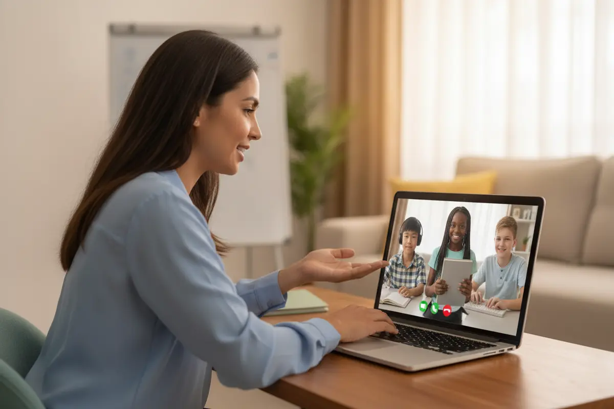 Teacher and high school students in a live online class
