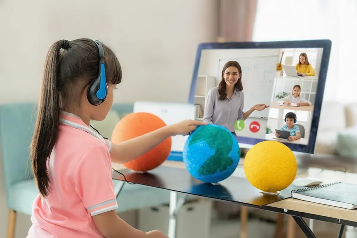 Teacher guiding elementary students in an interactive virtual classroom