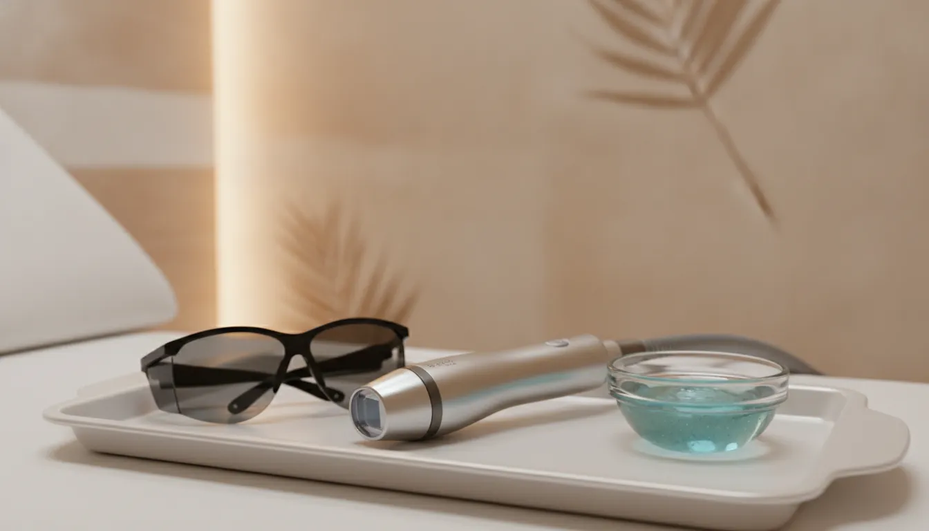 BBL HEROic handpiece, protective eyewear, and cooling gel on a treatment tray