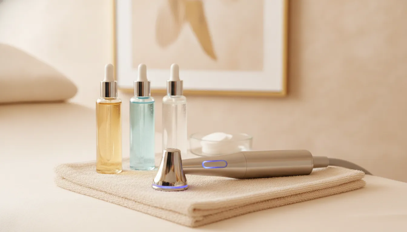 HydroFacial handpiece and serum bottles arranged in a warm treatment room