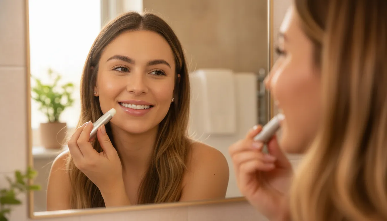 Patient applying lip balm as part of a gentle lip filler aftercare routine