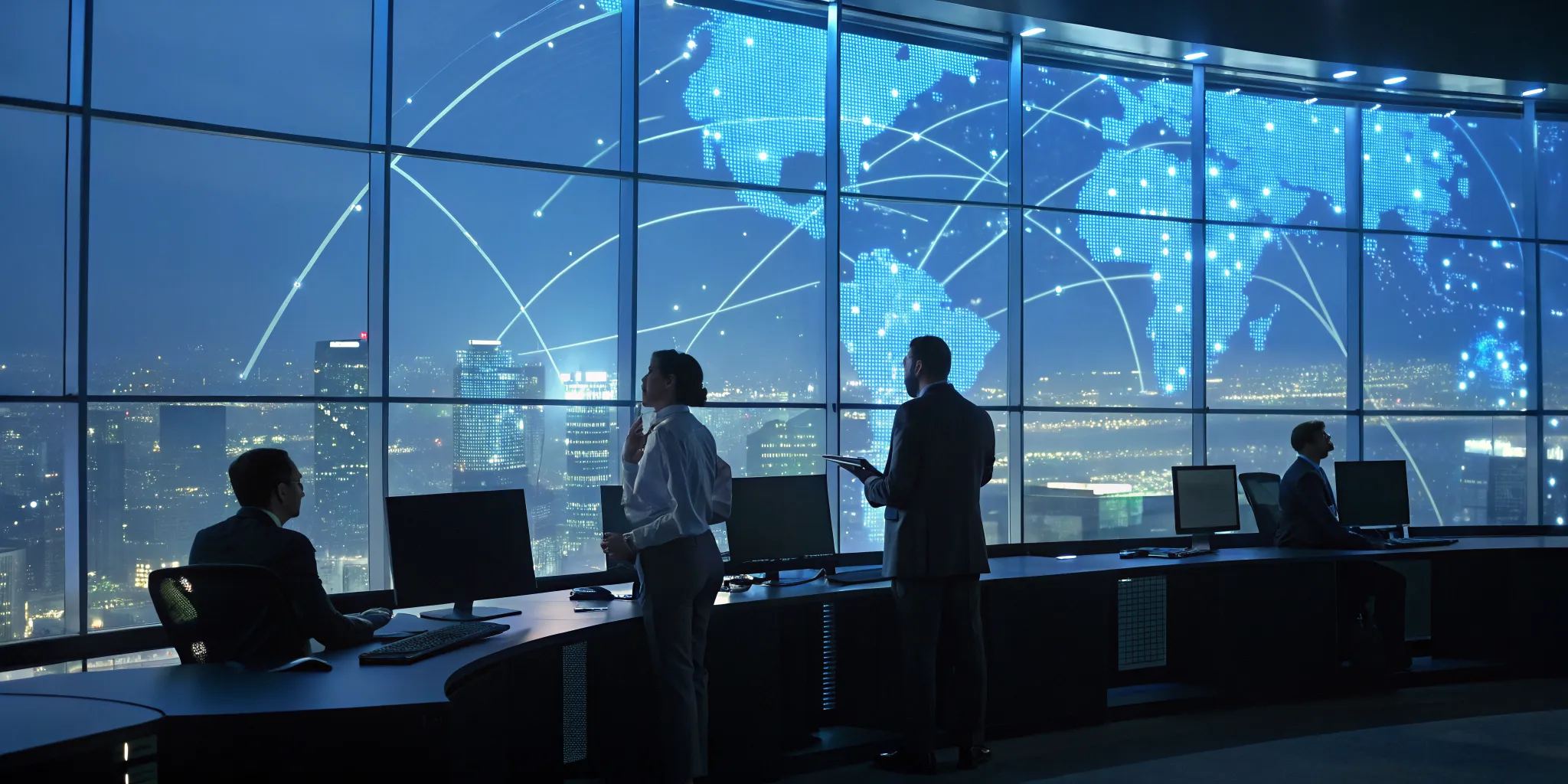 A team of analysts from a top SOC as a service provider monitoring threats in a security operations center.