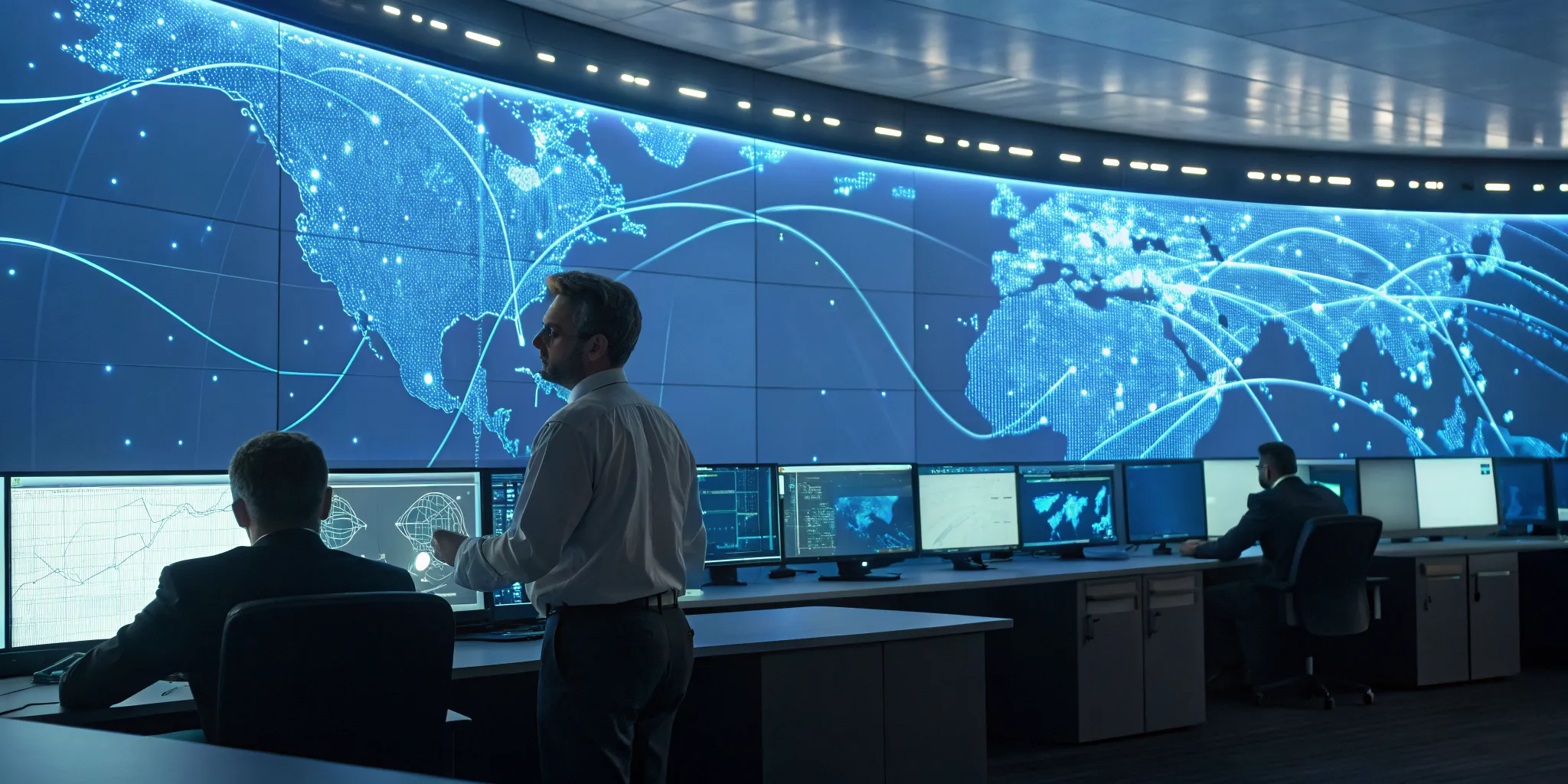 Security analysts monitoring global cyber threats in a 24/7 MDR operations center.