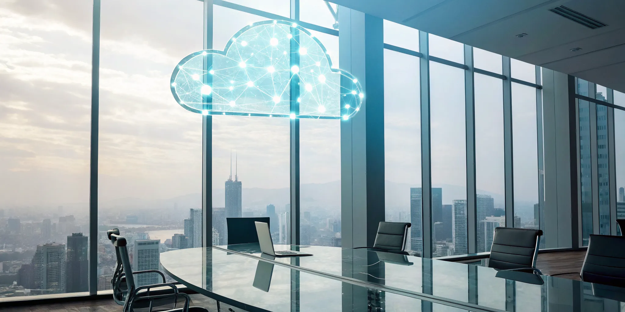 A laptop and cloud icon in an office highlight the benefits of outsourcing IT infrastructure.