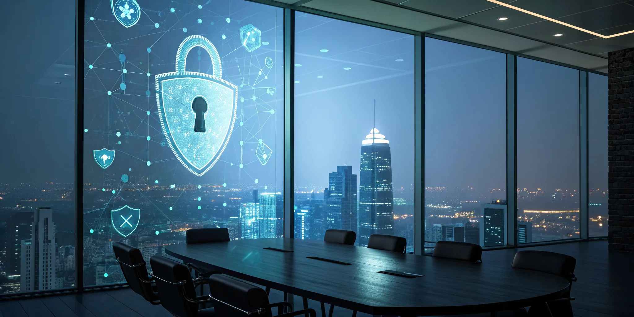 A digital lock graphic in a corporate office providing ransomware protection for companies.