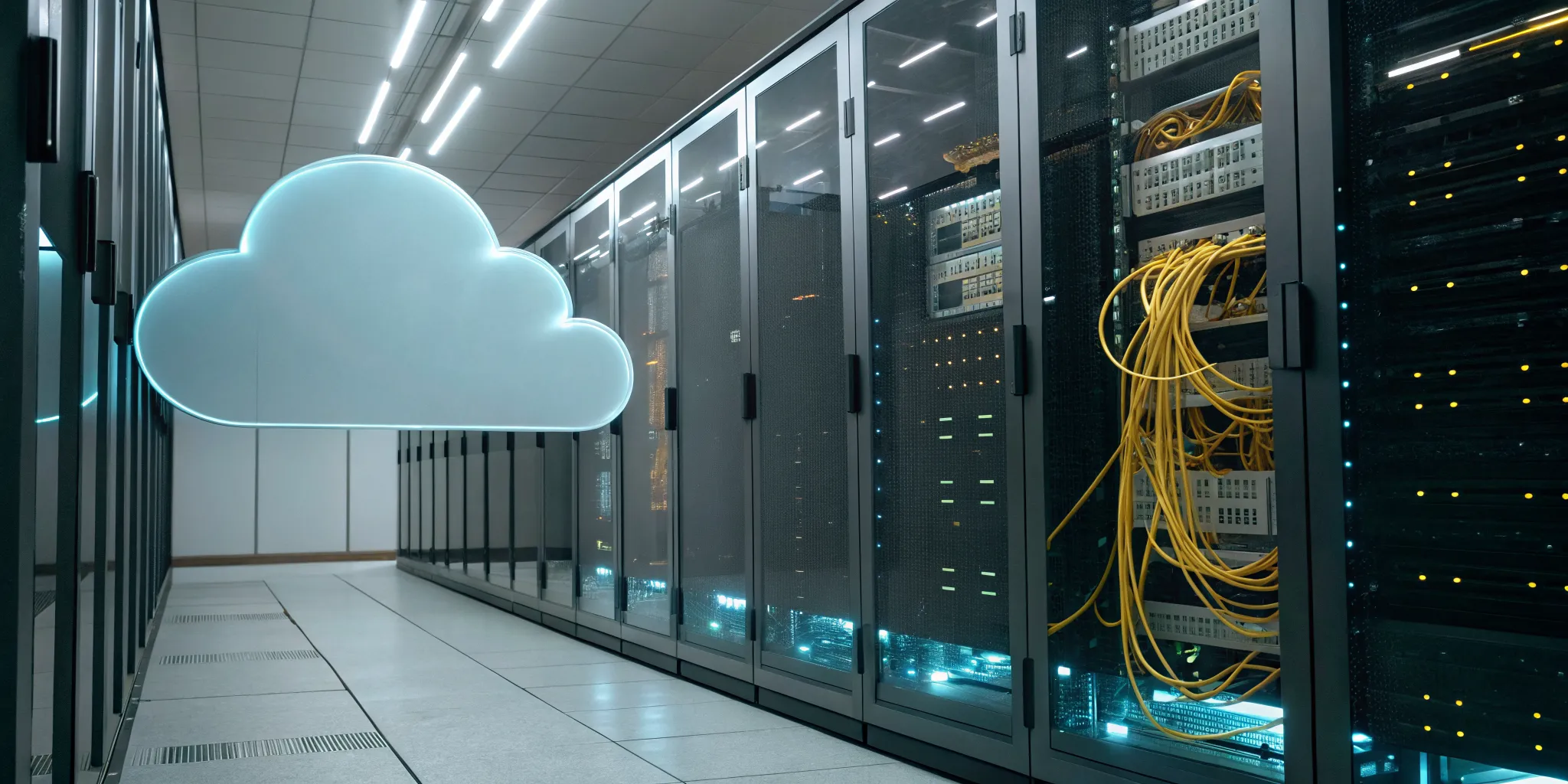 A cloud icon over server racks, addressing the challenges of hybrid cloud management.