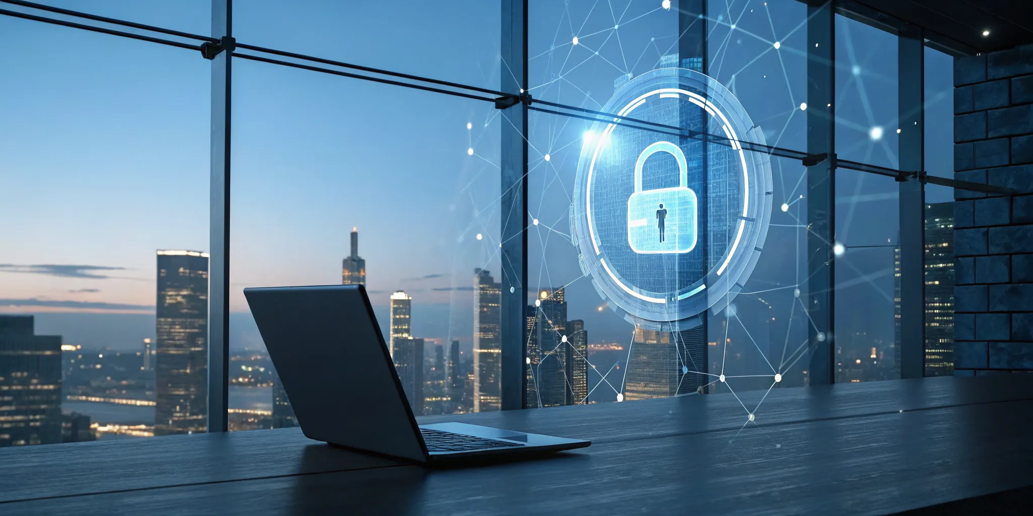 Laptop on a desk with a digital padlock hologram for emergency ransomware removal for business.