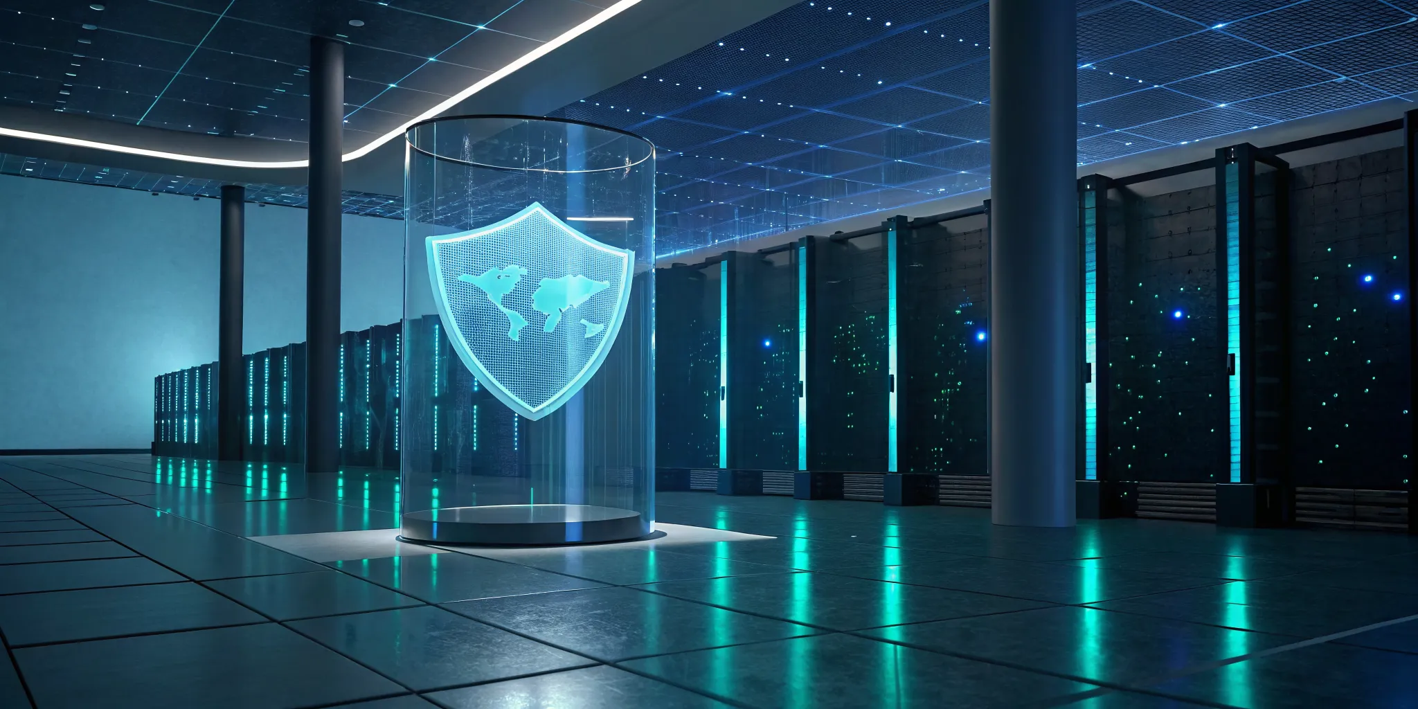 A glowing shield in a data center symbolizing the advanced cybersecurity offered by top MDR providers.