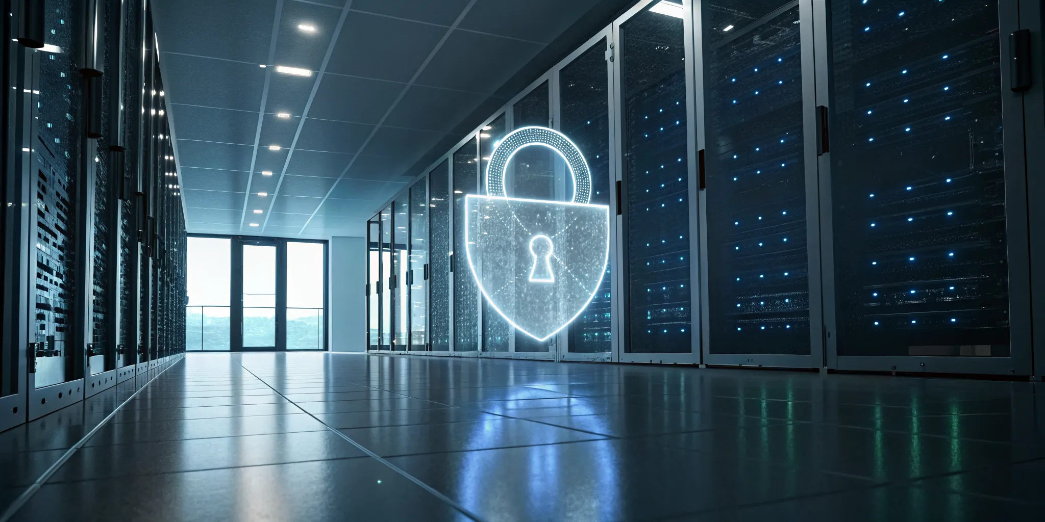 Business data center servers secured with a digital lock for the best ransomware protection.