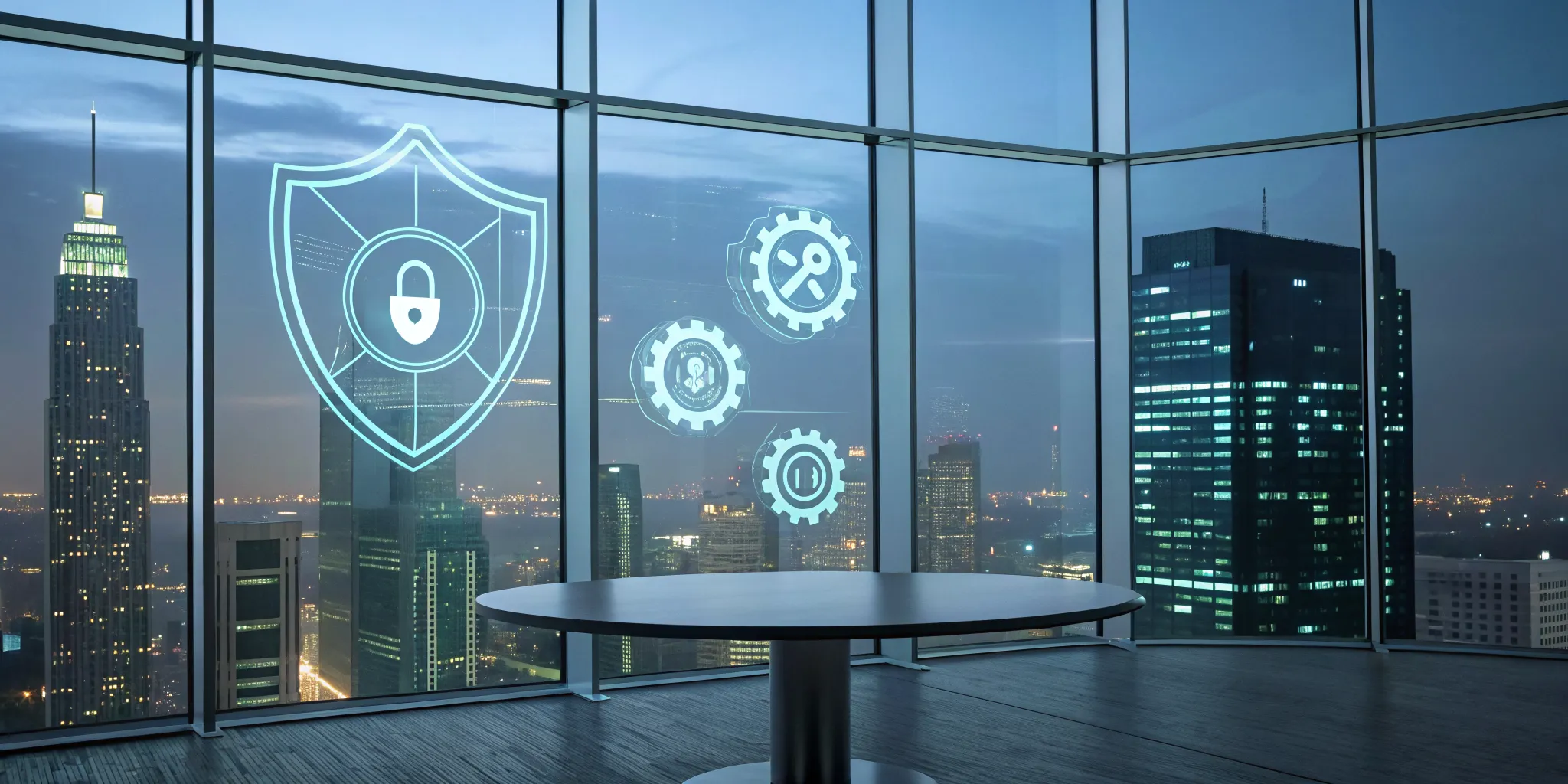 Benefits of outsourcing security operations shown with digital icons on a glass wall in a modern office.