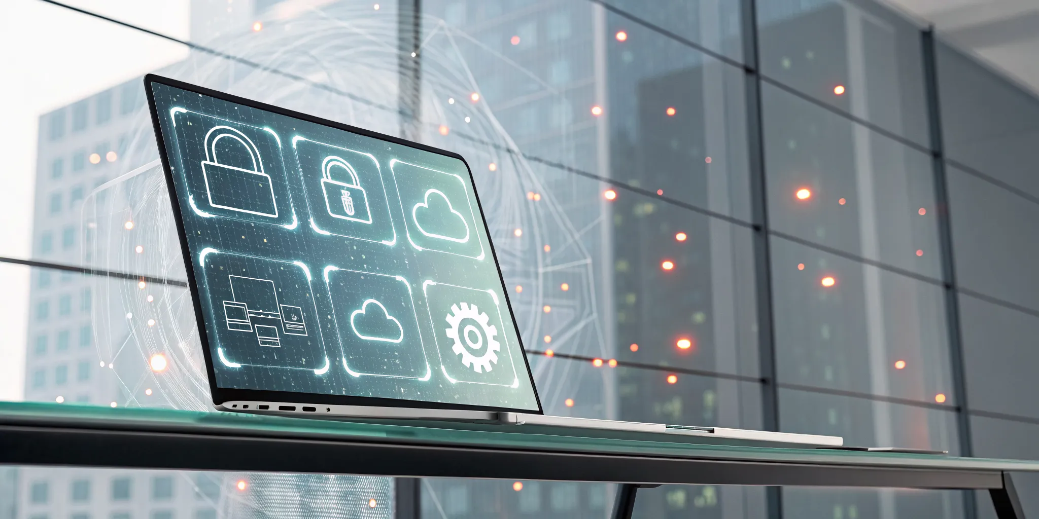 Laptop screen with icons representing common DLP implementation challenges.