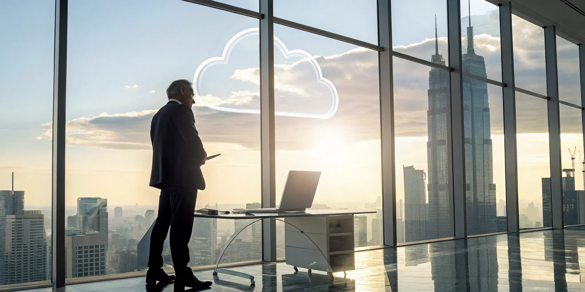 CISO in an office overlooking a city plans hybrid cloud security solutions.