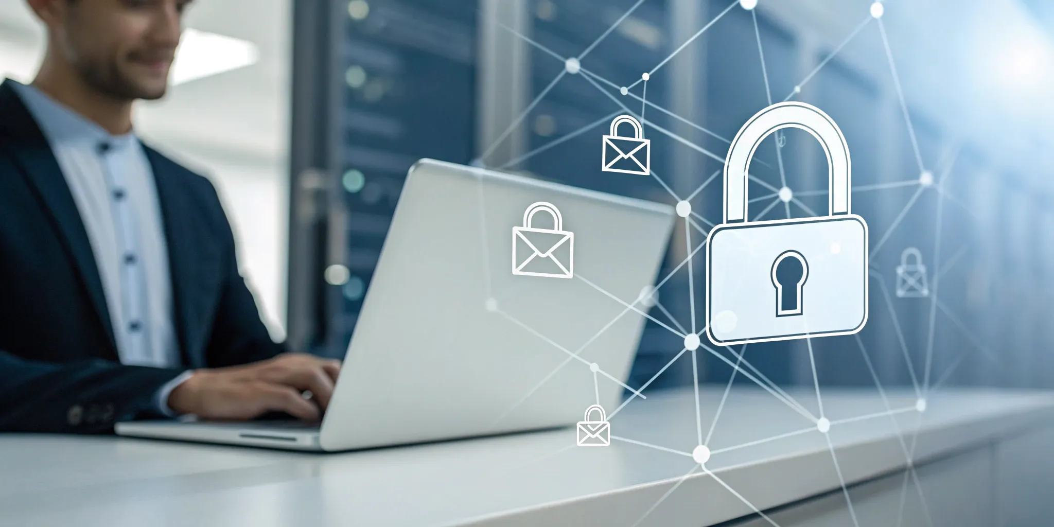 A person at a laptop with digital padlock icons for email security protocols.