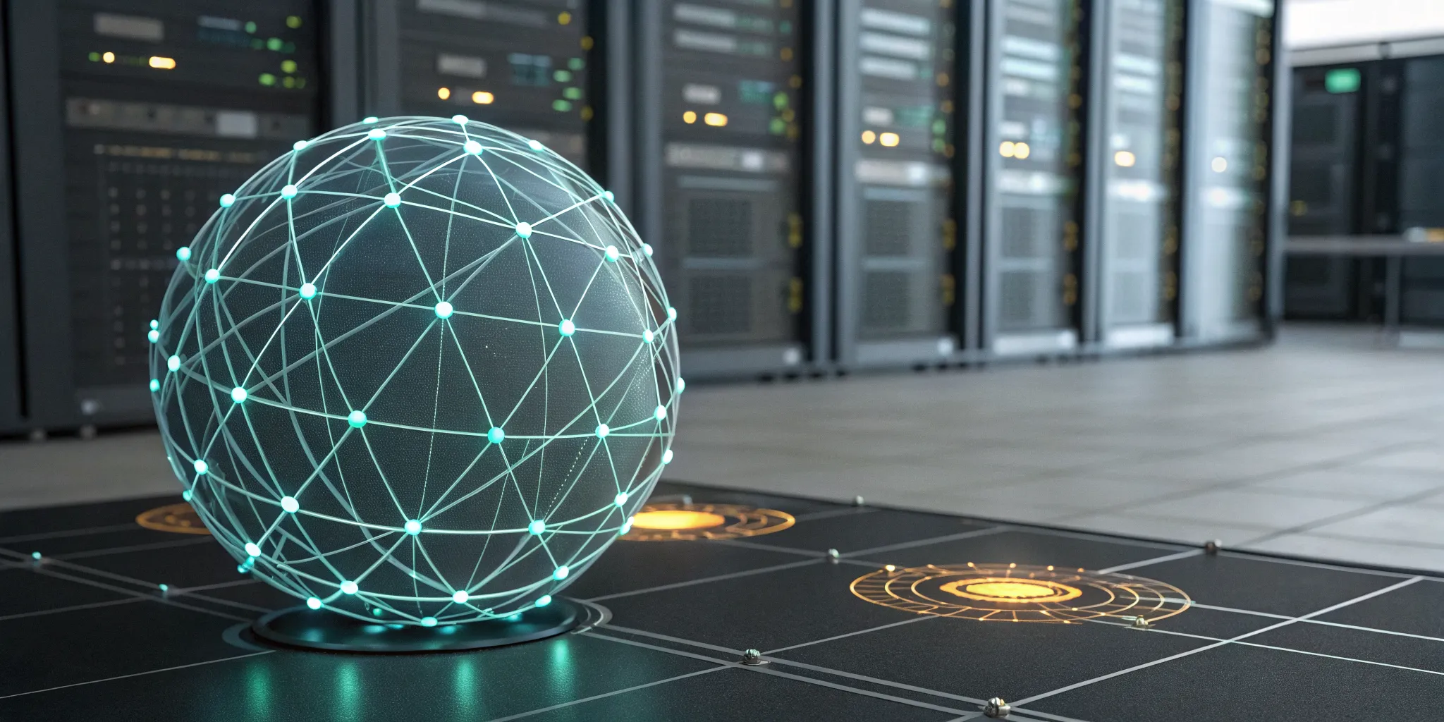 Enterprise vulnerability scanning services protecting a network of connected nodes in a server room.